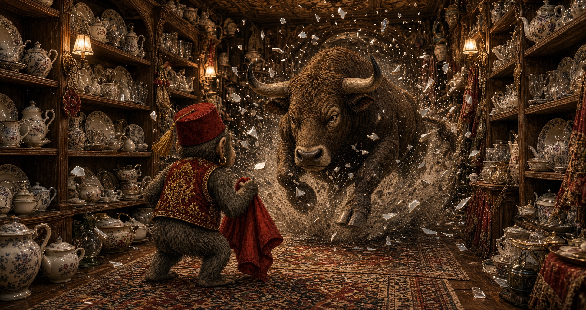 monkey matador and a raging bull in a china shop – just ask – drop the fire